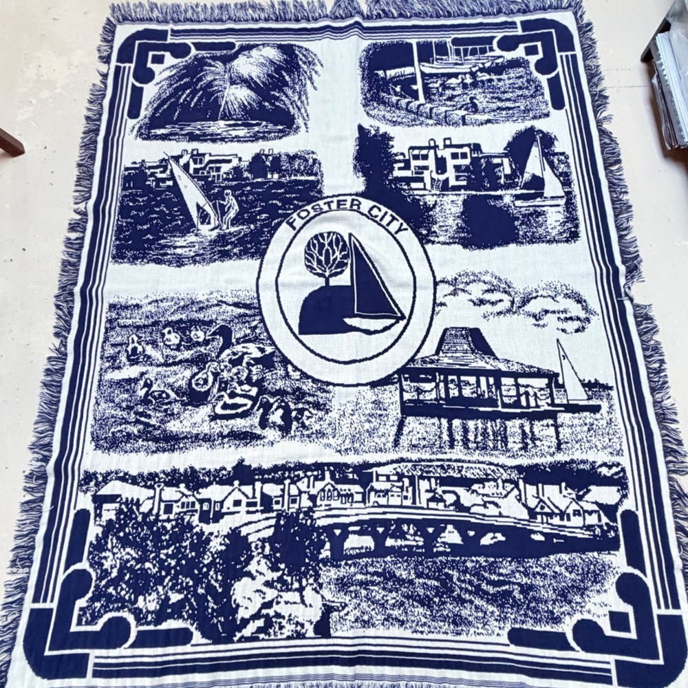 Vintage Foster City California Woven Tapestry Throw Blanket Navy White Fringe